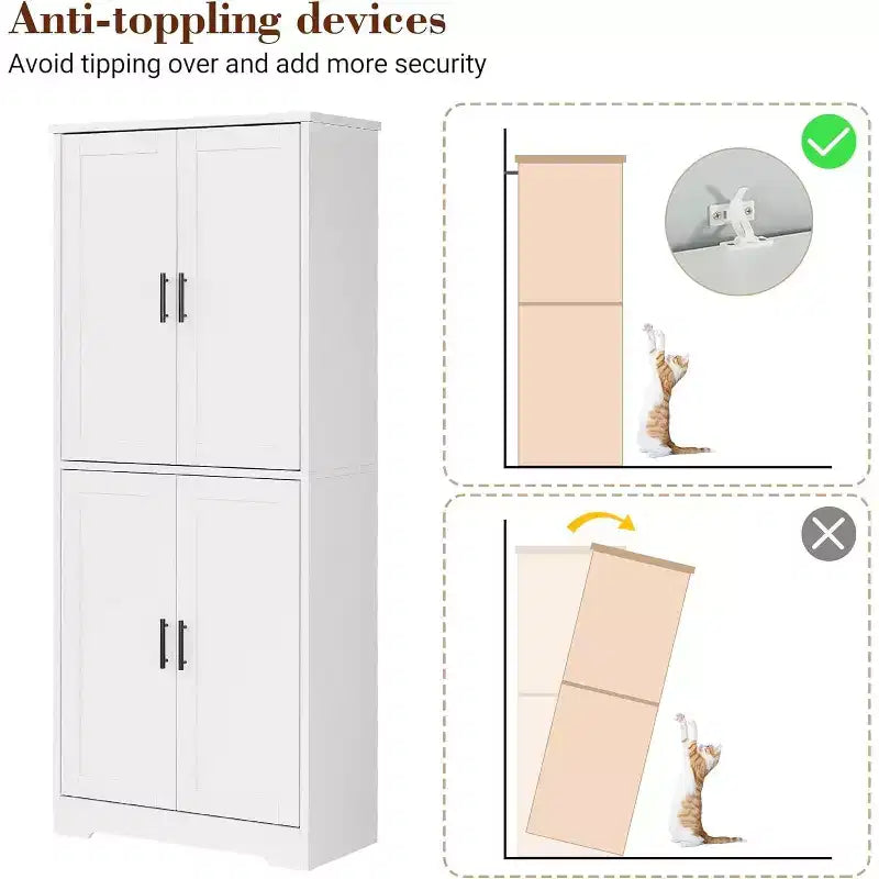 70in Tall Kitchen Pantry Cabinet,Freestanding Storage Cabinet with 4 Doors & Adjustable Shelves,Utility Cupboard for Dining Room,Living Room,Bathroom