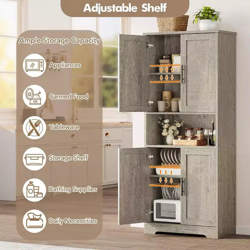 70in Tall Kitchen Pantry Cabinet,Freestanding Storage Cabinet with 4 Doors & Adjustable Shelves,Utility Cupboard for Dining Room,Living Room,Bathroom