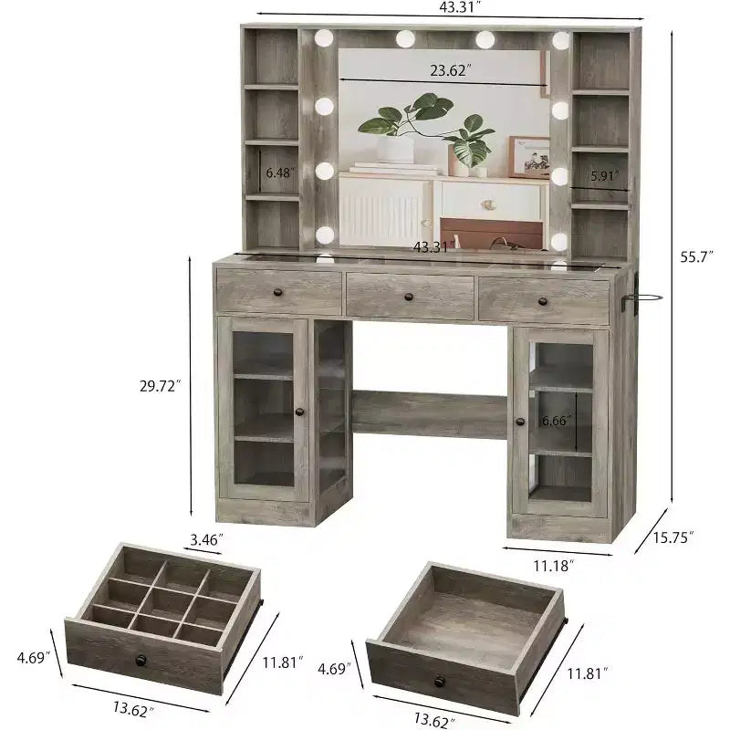 BALHAM TRADE-Vanity Desk with Mirror and Lights Glass Top Vanity with RGB Cabinet 3 Drawers 3 Color Modes