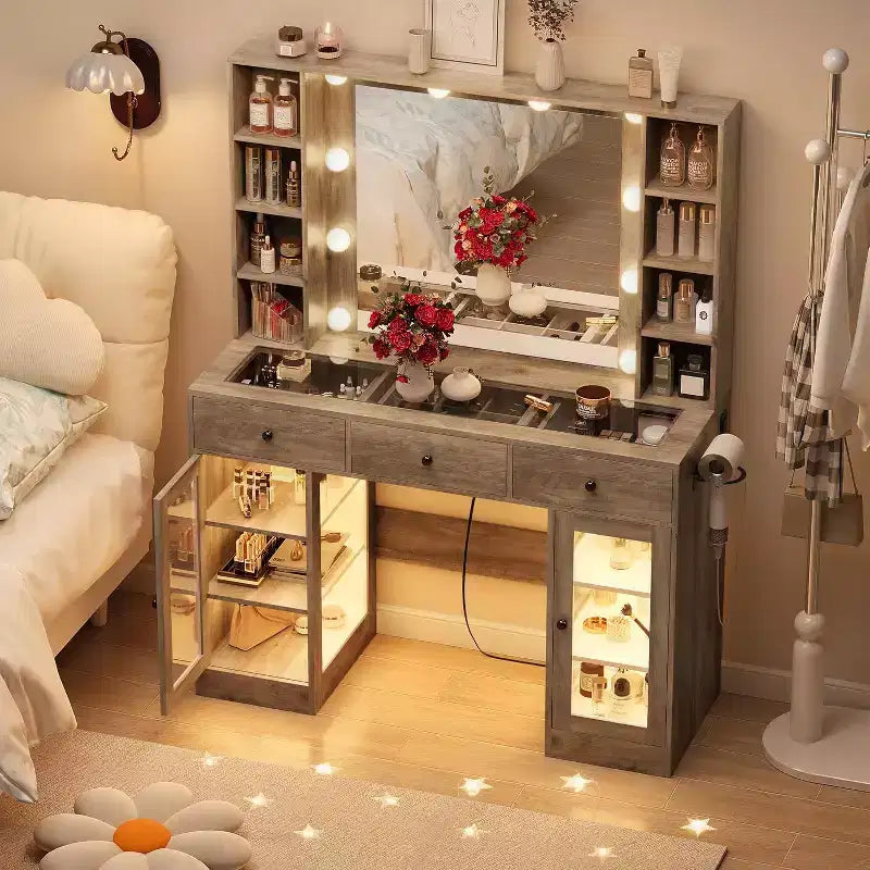BALHAM TRADE-Vanity Desk with Mirror and Lights Glass Top Vanity with RGB Cabinet 3 Drawers 3 Color Modes