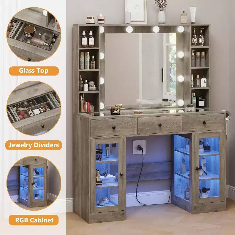 BALHAM TRADE-Vanity Desk with Mirror and Lights Glass Top Vanity with RGB Cabinet 3 Drawers 3 Color Modes