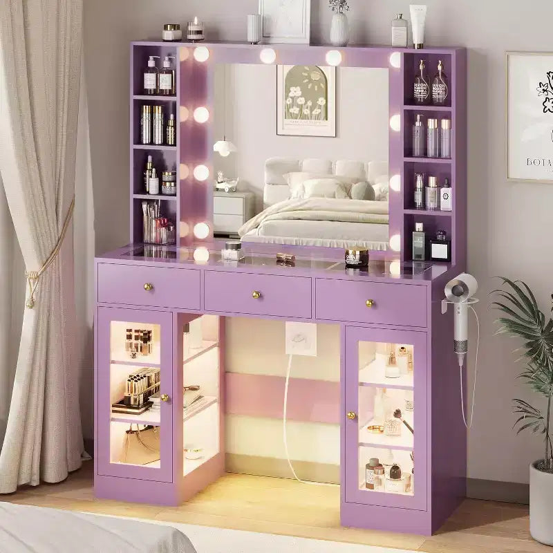 BALHAM TRADE-Vanity Desk with Mirror and Lights Glass Top Vanity with RGB Cabinet 3 Drawers 3 Color Modes