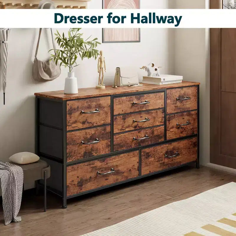 45 Inch Wide 9 Drawer Dresser Rustic Brown Fabric Storage Chest of Drawers Wood Top Large Organizer Unit Bedroom Entryway TV Stand Industrial