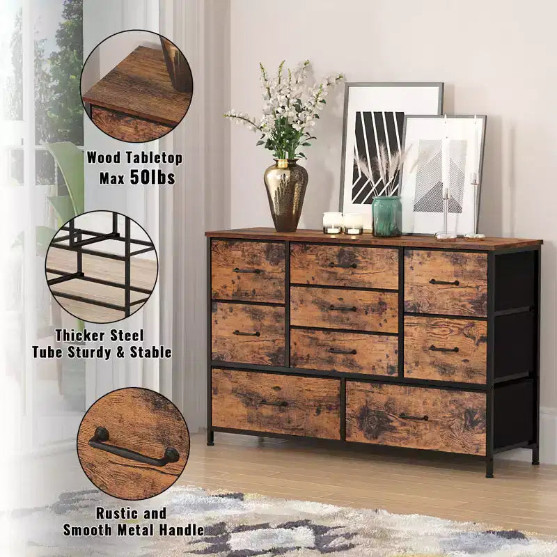 45 Inch Wide 9 Drawer Dresser Rustic Brown Fabric Storage Chest of Drawers Wood Top Large Organizer Unit Bedroom Entryway TV Stand Industrial