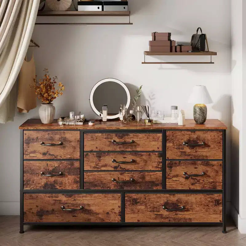 45 Inch Wide 9 Drawer Dresser Rustic Brown Fabric Storage Chest of Drawers Wood Top Large Organizer Unit Bedroom Entryway TV Stand Industrial