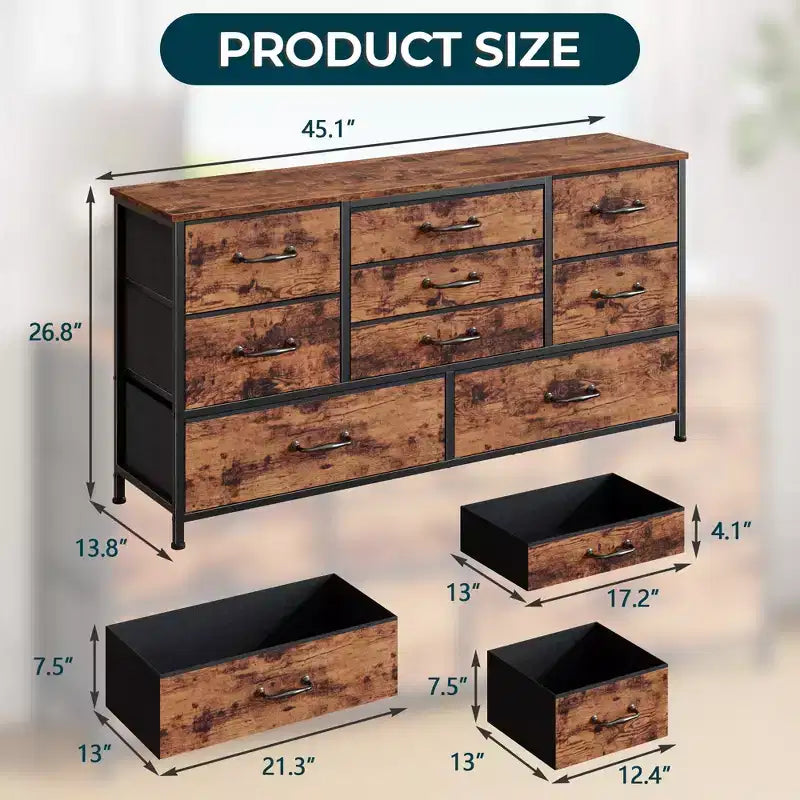 45 Inch Wide 9 Drawer Dresser Rustic Brown Fabric Storage Chest of Drawers Wood Top Large Organizer Unit Bedroom Entryway TV Stand Industrial