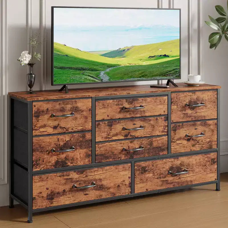 45 Inch Wide 9 Drawer Dresser Rustic Brown Fabric Storage Chest of Drawers Wood Top Large Organizer Unit Bedroom Entryway TV Stand Industrial