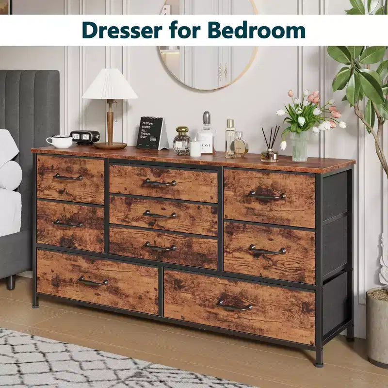 45 Inch Wide 9 Drawer Dresser Rustic Brown Fabric Storage Chest of Drawers Wood Top Large Organizer Unit Bedroom Entryway TV Stand Industrial