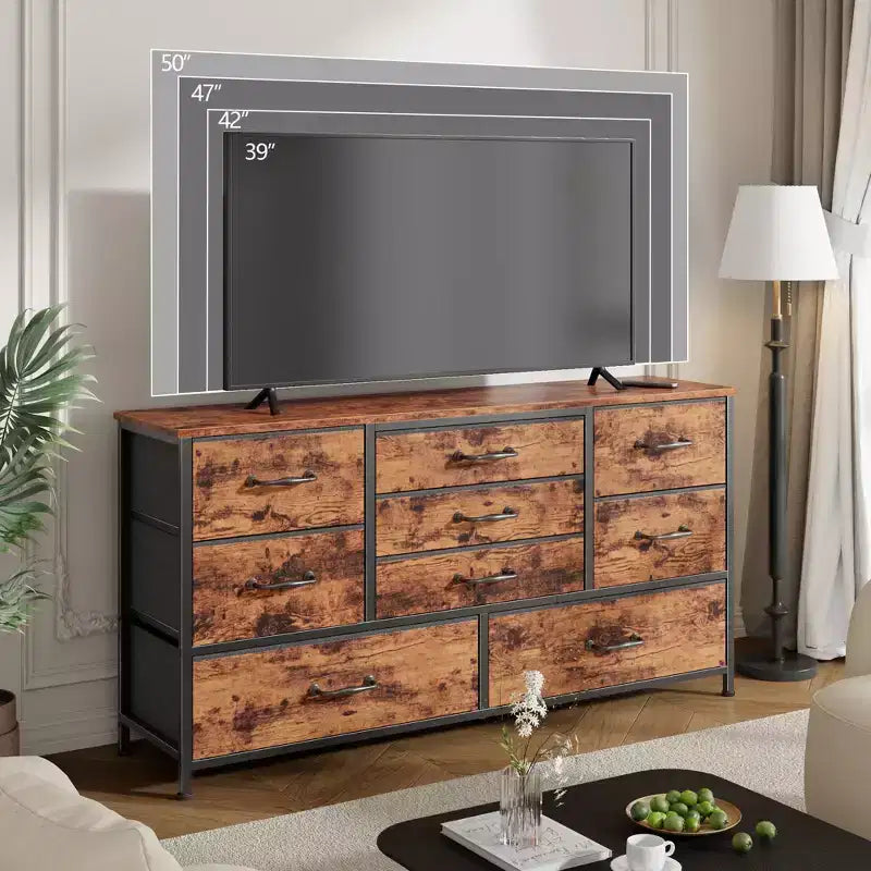 45 Inch Wide 9 Drawer Dresser Rustic Brown Fabric Storage Chest of Drawers Wood Top Large Organizer Unit Bedroom Entryway TV Stand Industrial