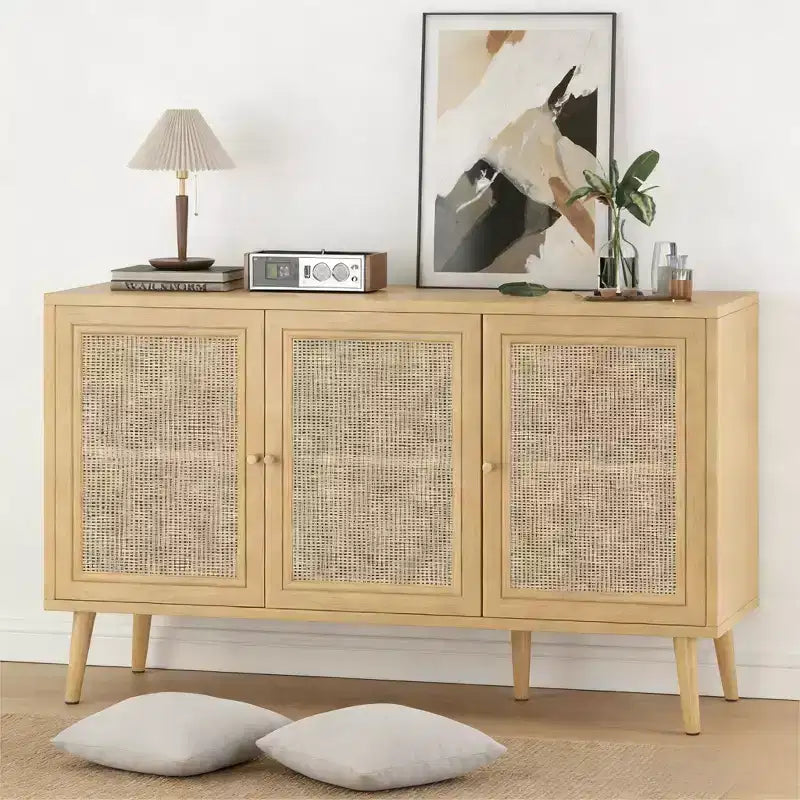 JVNOXK 15-inch Sideboard with 3 Rattan Doors, Modern Kitchen Storage Console, Suitable for Entryway or Living Room, Natural Finish
