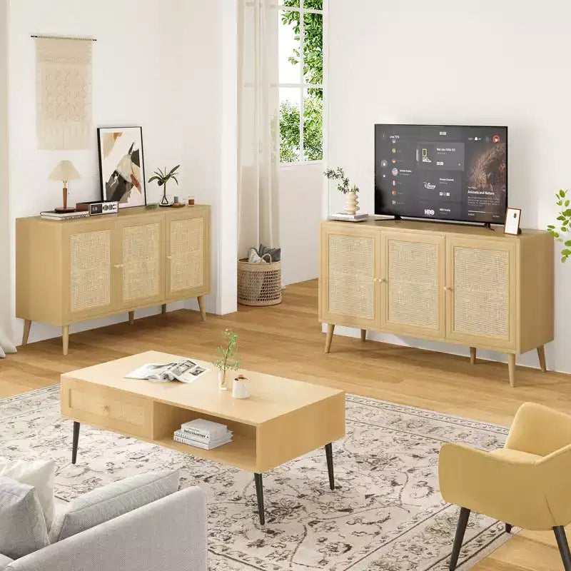 JVNOXK 15-inch Sideboard with 3 Rattan Doors, Modern Kitchen Storage Console, Suitable for Entryway or Living Room, Natural Finish