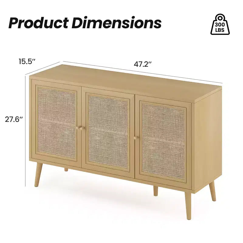 JVNOXK 15-inch Sideboard with 3 Rattan Doors, Modern Kitchen Storage Console, Suitable for Entryway or Living Room, Natural Finish