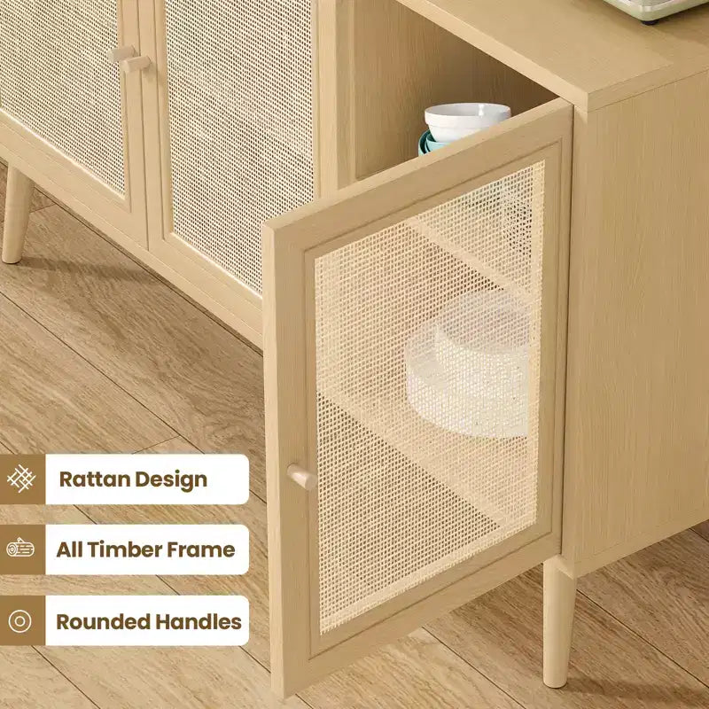 JVNOXK 15-inch Sideboard with 3 Rattan Doors, Modern Kitchen Storage Console, Suitable for Entryway or Living Room, Natural Finish