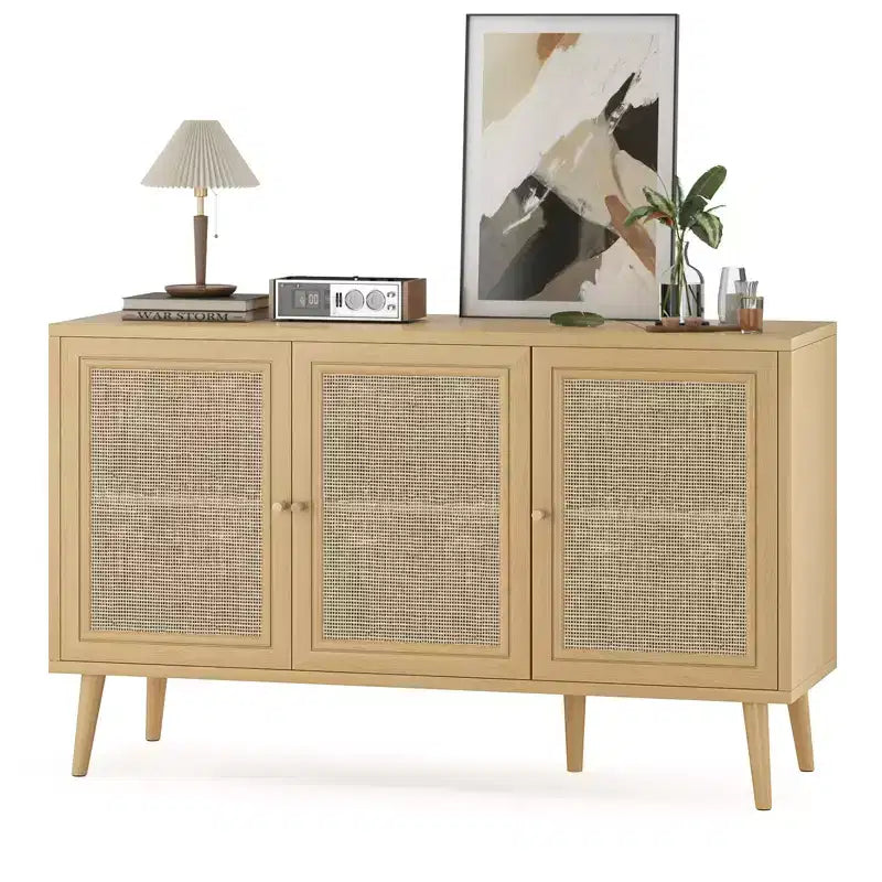 JVNOXK 15-inch Sideboard with 3 Rattan Doors, Modern Kitchen Storage Console, Suitable for Entryway or Living Room, Natural Finish