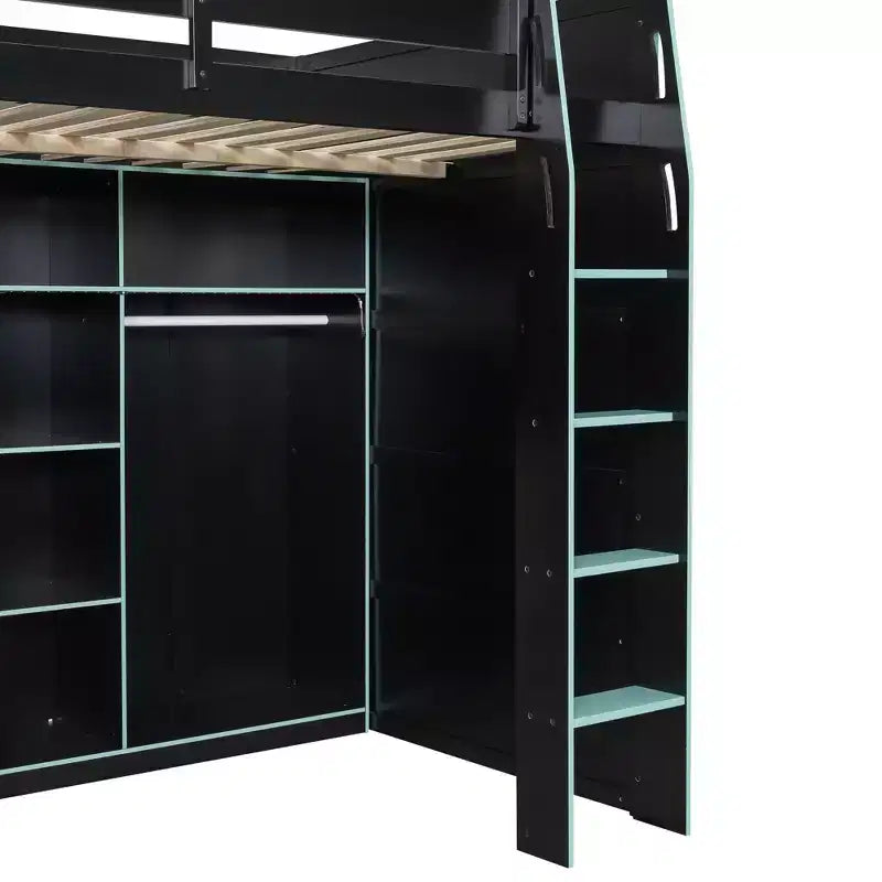Full Size Gaming Loft Bed with Desk & RGB Lights, Full Wood Loft Bed Frame with Wardrobe and Storage Compartments