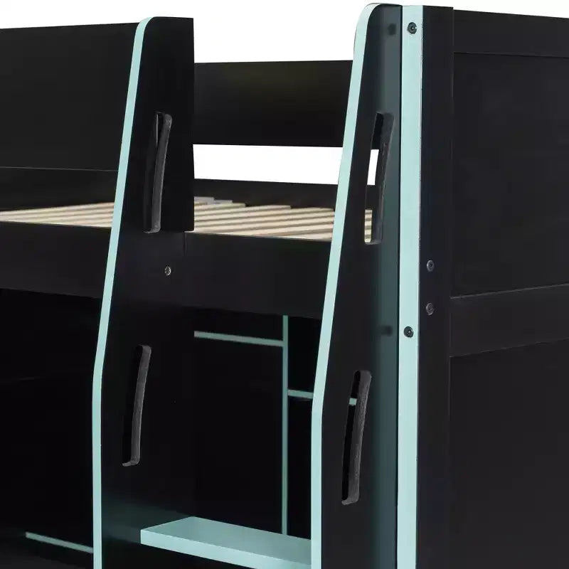 Full Size Gaming Loft Bed with Desk & RGB Lights, Full Wood Loft Bed Frame with Wardrobe and Storage Compartments