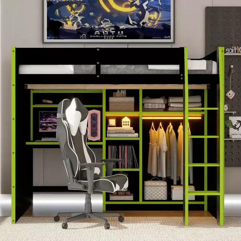 Full Size Gaming Loft Bed with Desk & RGB Lights, Full Wood Loft Bed Frame with Wardrobe and Storage Compartments