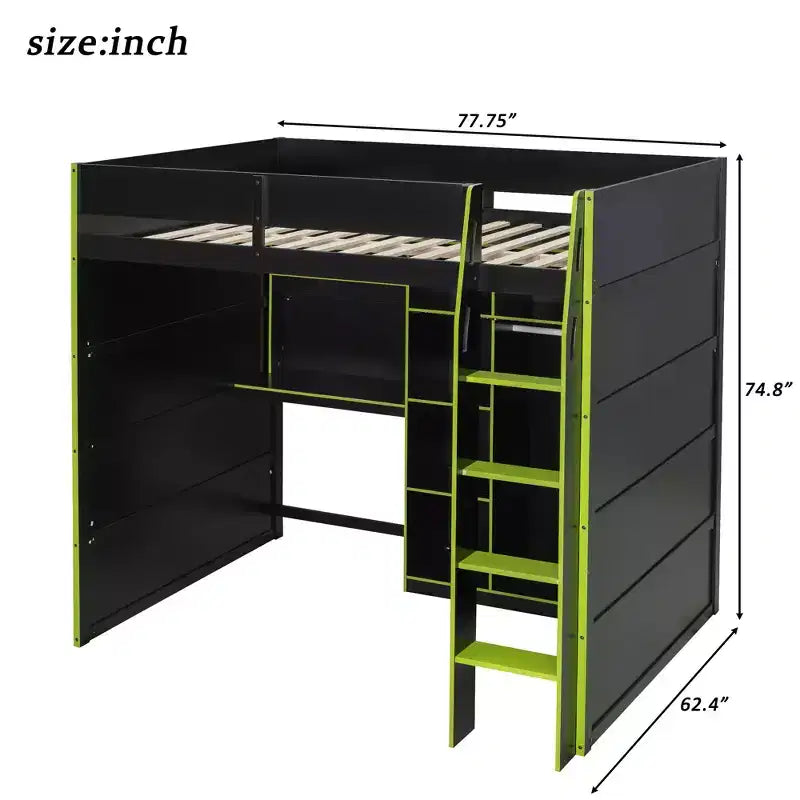 Full Size Gaming Loft Bed with Desk & RGB Lights, Full Wood Loft Bed Frame with Wardrobe and Storage Compartments