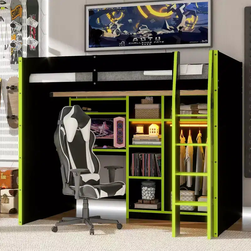 Full Size Gaming Loft Bed with Desk & RGB Lights, Full Wood Loft Bed Frame with Wardrobe and Storage Compartments