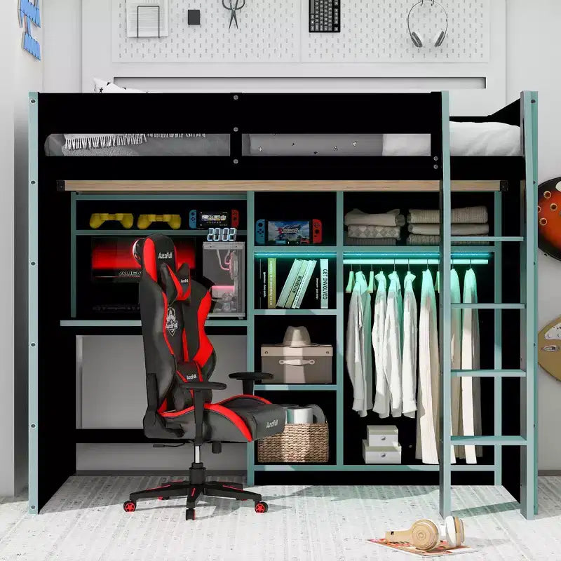 Full Size Gaming Loft Bed with Desk & RGB Lights, Full Wood Loft Bed Frame with Wardrobe and Storage Compartments