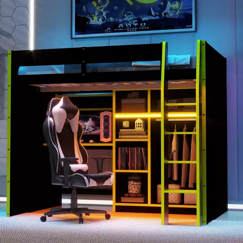 Full Size Gaming Loft Bed with Desk & RGB Lights, Full Wood Loft Bed Frame with Wardrobe and Storage Compartments