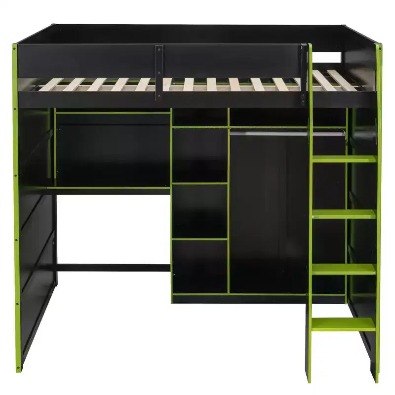 Full Size Gaming Loft Bed with Desk & RGB Lights, Full Wood Loft Bed Frame with Wardrobe and Storage Compartments