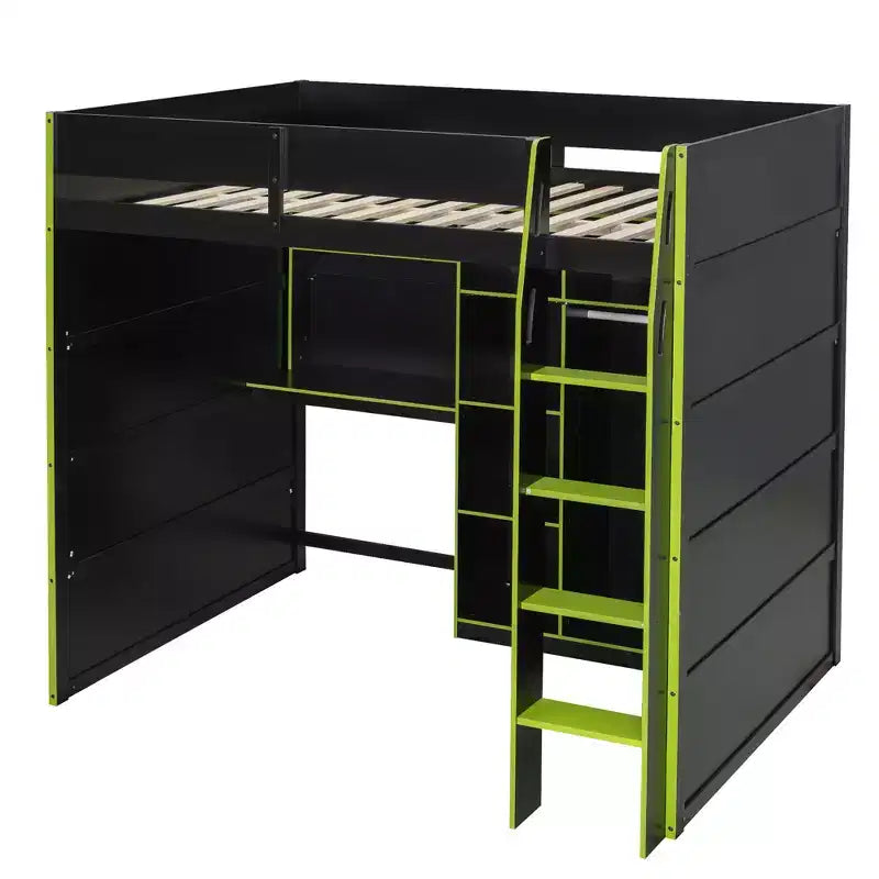 Full Size Gaming Loft Bed with Desk & RGB Lights, Full Wood Loft Bed Frame with Wardrobe and Storage Compartments