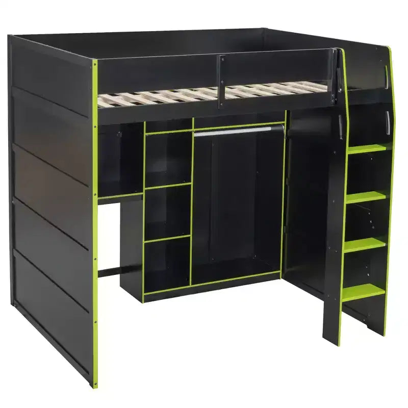 Full Size Gaming Loft Bed with Desk & RGB Lights, Full Wood Loft Bed Frame with Wardrobe and Storage Compartments