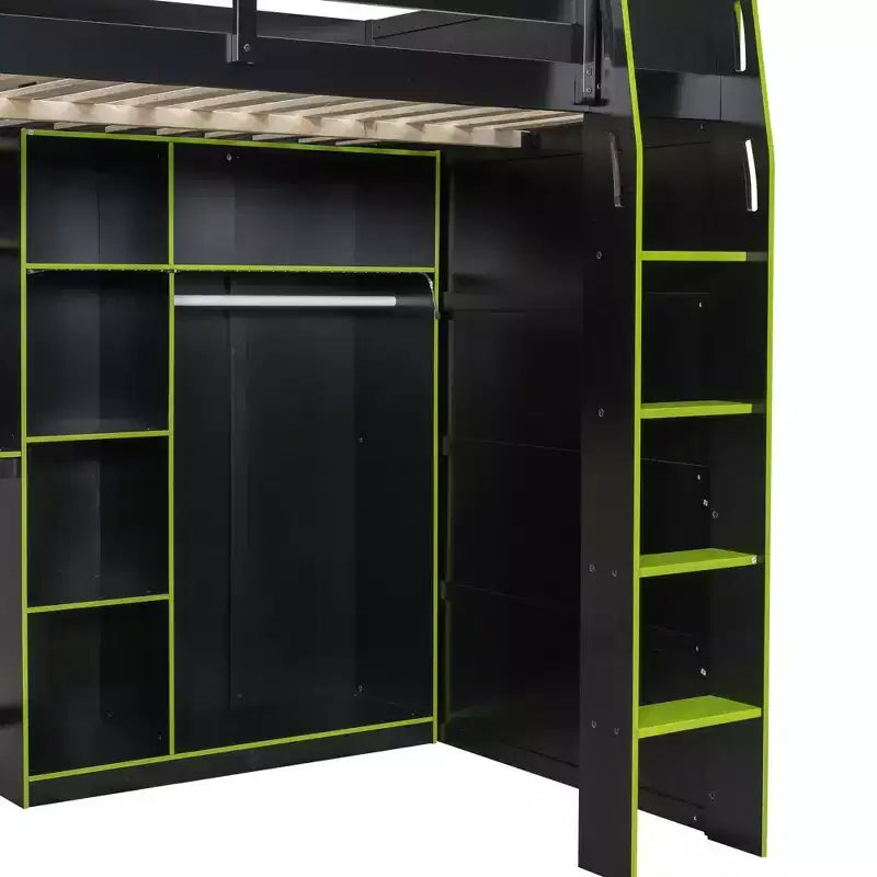 Full Size Gaming Loft Bed with Desk & RGB Lights, Full Wood Loft Bed Frame with Wardrobe and Storage Compartments
