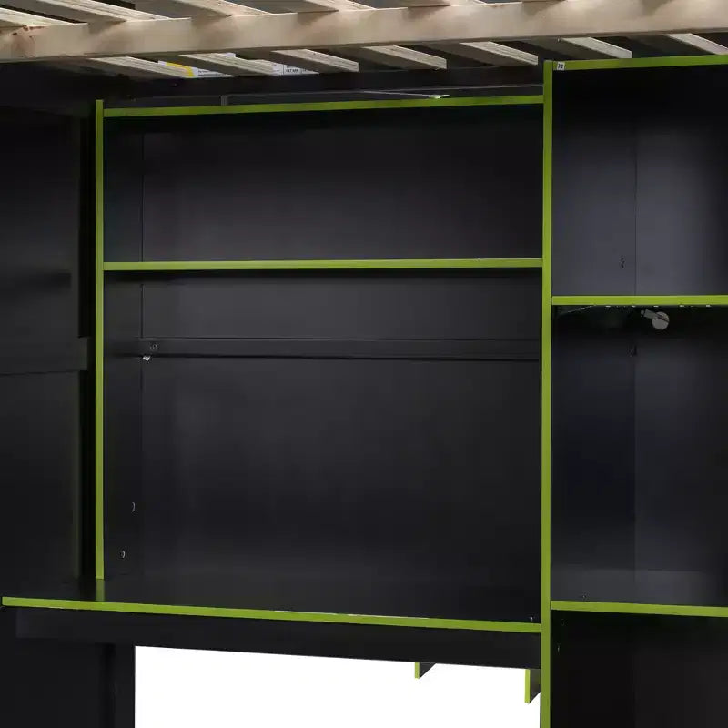 Full Size Gaming Loft Bed with Desk & RGB Lights, Full Wood Loft Bed Frame with Wardrobe and Storage Compartments