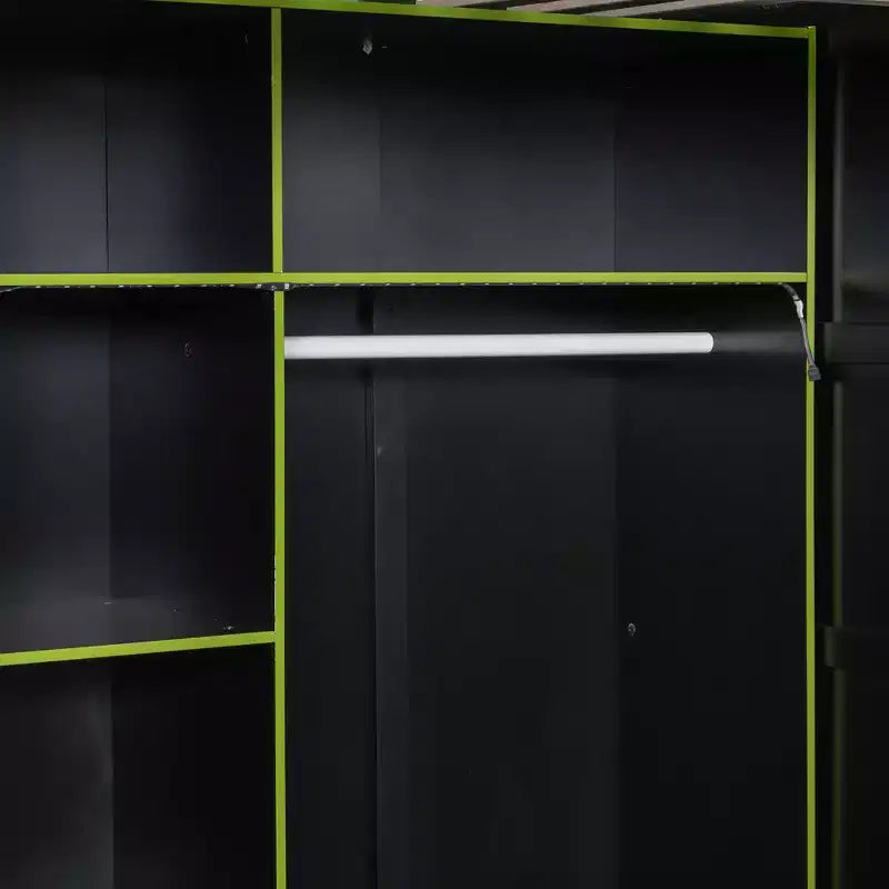 Full Size Gaming Loft Bed with Desk & RGB Lights, Full Wood Loft Bed Frame with Wardrobe and Storage Compartments
