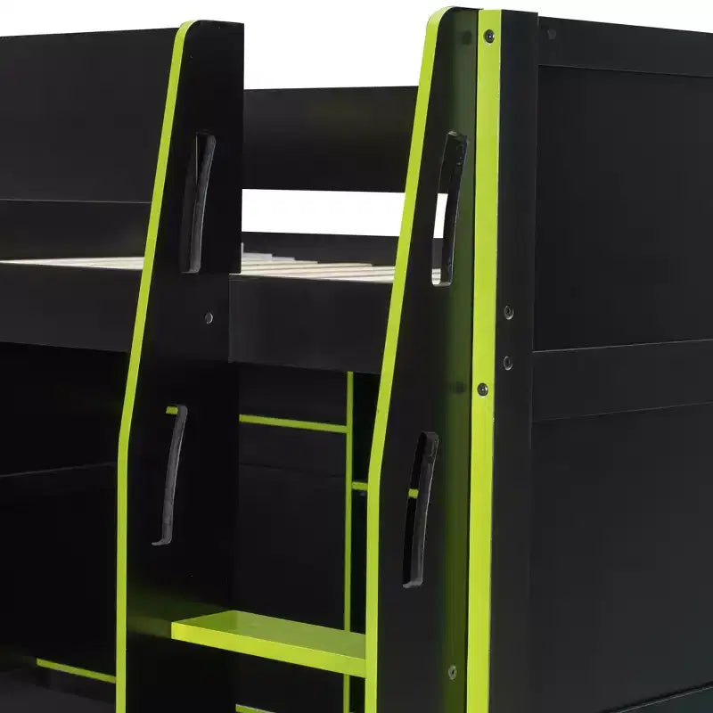Full Size Gaming Loft Bed with Desk & RGB Lights, Full Wood Loft Bed Frame with Wardrobe and Storage Compartments