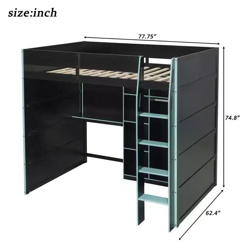 Full Size Gaming Loft Bed with Desk & RGB Lights, Full Wood Loft Bed Frame with Wardrobe and Storage Compartments
