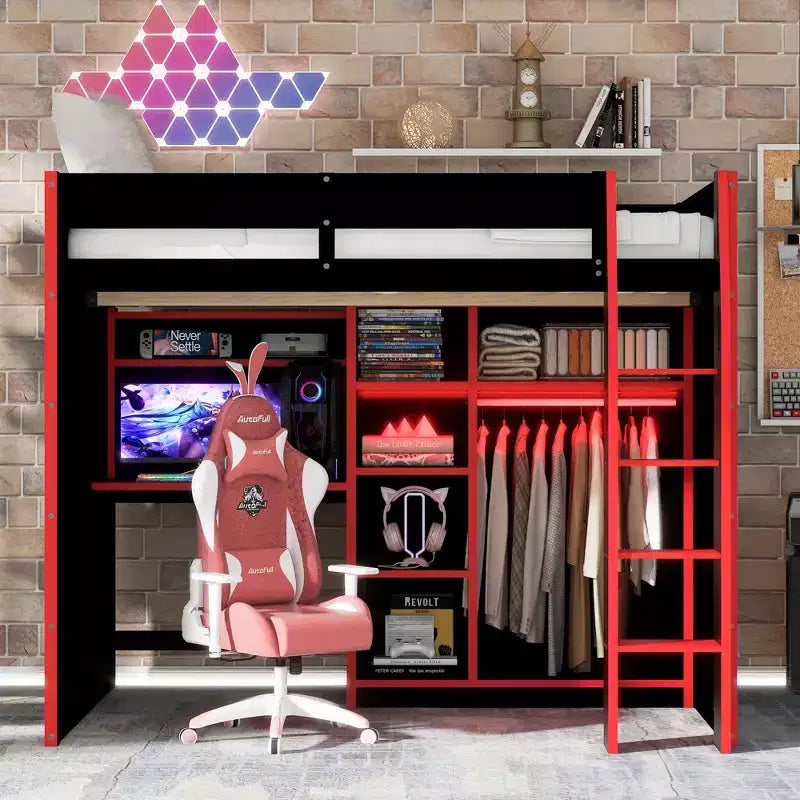 Full Size Gaming Loft Bed with Desk & RGB Lights, Full Wood Loft Bed Frame with Wardrobe and Storage Compartments