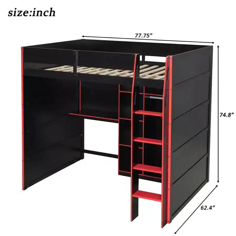 Full Size Gaming Loft Bed with Desk & RGB Lights, Full Wood Loft Bed Frame with Wardrobe and Storage Compartments