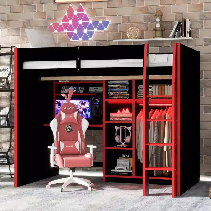 Full Size Gaming Loft Bed with Desk & RGB Lights, Full Wood Loft Bed Frame with Wardrobe and Storage Compartments