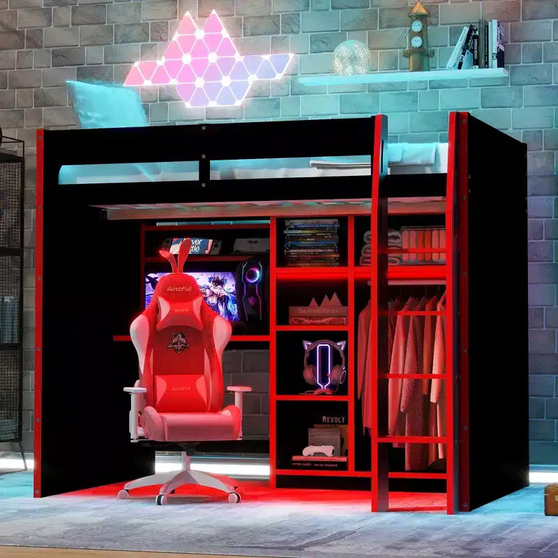Full Size Gaming Loft Bed with Desk & RGB Lights, Full Wood Loft Bed Frame with Wardrobe and Storage Compartments
