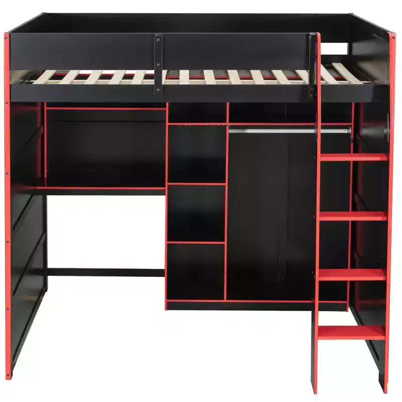 Full Size Gaming Loft Bed with Desk & RGB Lights, Full Wood Loft Bed Frame with Wardrobe and Storage Compartments