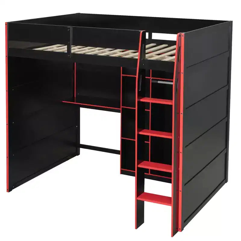Full Size Gaming Loft Bed with Desk & RGB Lights, Full Wood Loft Bed Frame with Wardrobe and Storage Compartments