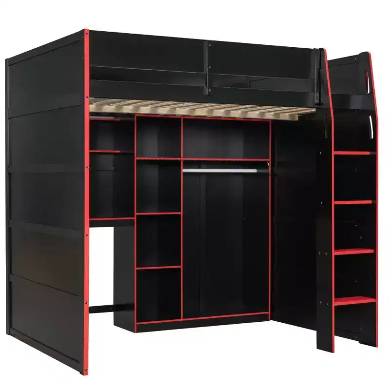 Full Size Gaming Loft Bed with Desk & RGB Lights, Full Wood Loft Bed Frame with Wardrobe and Storage Compartments
