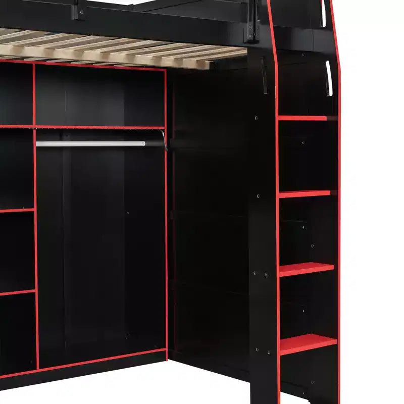 Full Size Gaming Loft Bed with Desk & RGB Lights, Full Wood Loft Bed Frame with Wardrobe and Storage Compartments