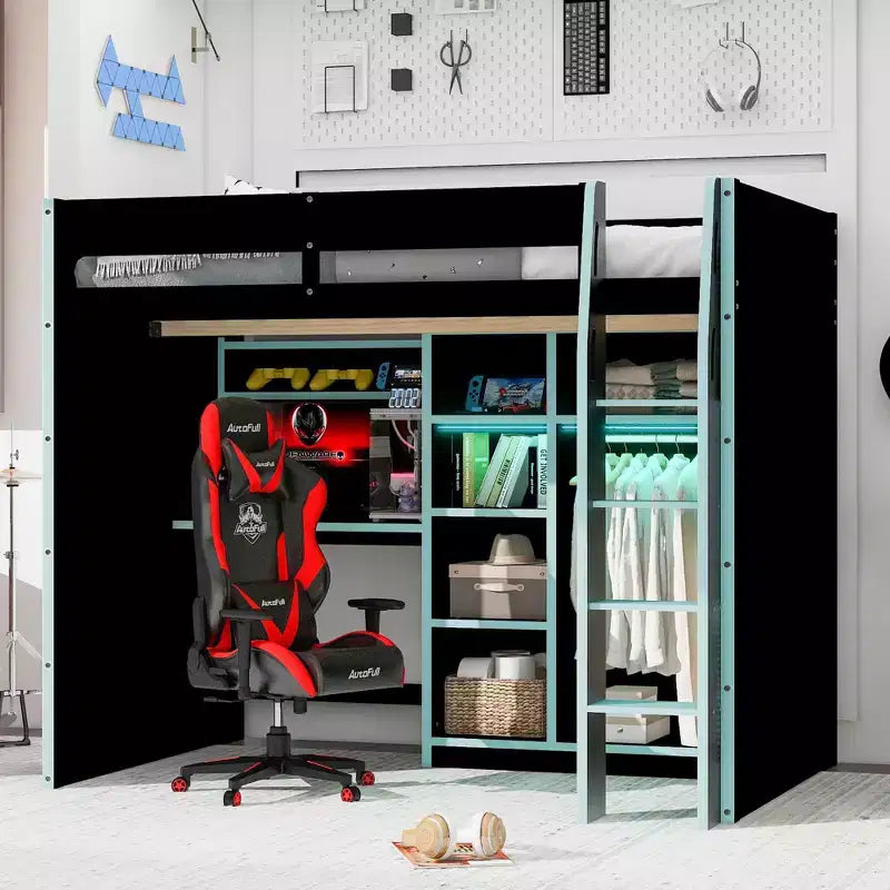 Full Size Gaming Loft Bed with Desk & RGB Lights, Full Wood Loft Bed Frame with Wardrobe and Storage Compartments