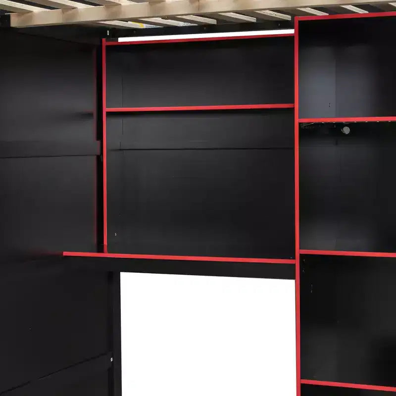 Full Size Gaming Loft Bed with Desk & RGB Lights, Full Wood Loft Bed Frame with Wardrobe and Storage Compartments