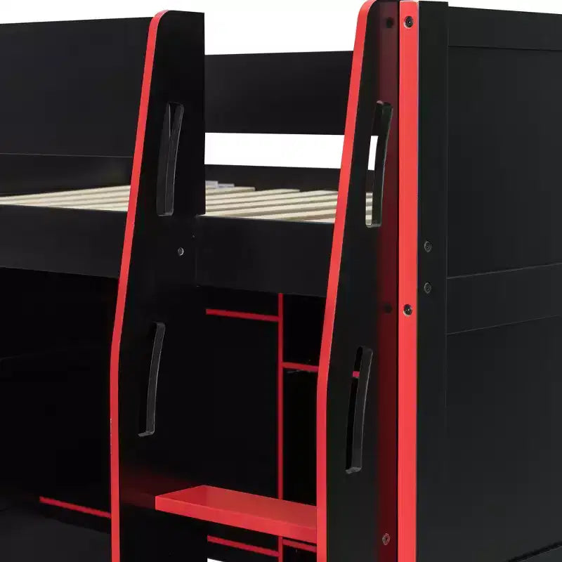 Full Size Gaming Loft Bed with Desk & RGB Lights, Full Wood Loft Bed Frame with Wardrobe and Storage Compartments