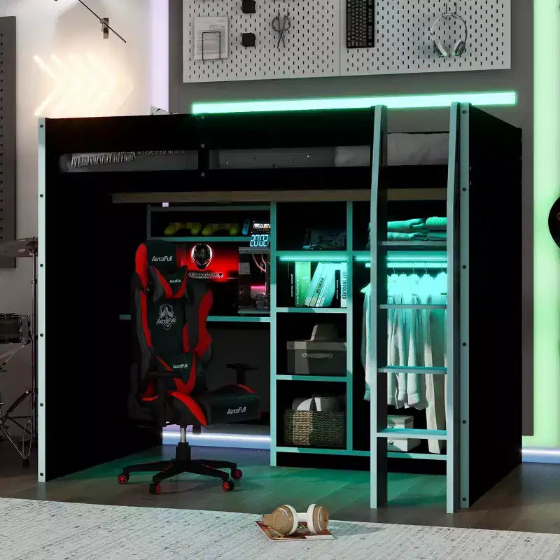 Full Size Gaming Loft Bed with Desk & RGB Lights, Full Wood Loft Bed Frame with Wardrobe and Storage Compartments