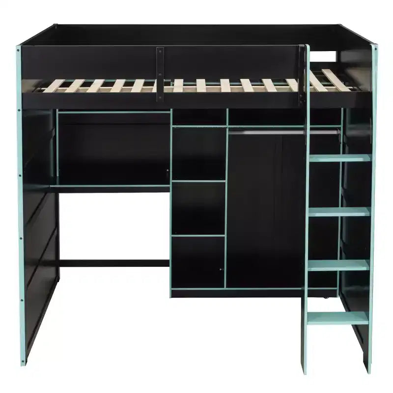 Full Size Gaming Loft Bed with Desk & RGB Lights, Full Wood Loft Bed Frame with Wardrobe and Storage Compartments