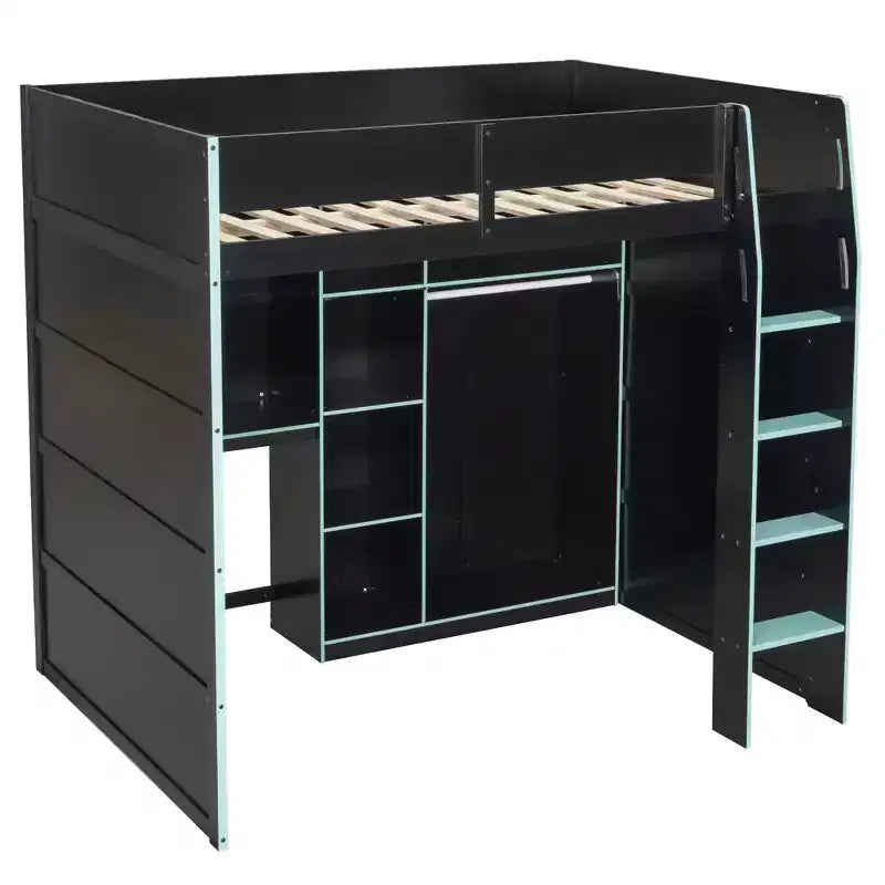 Full Size Gaming Loft Bed with Desk & RGB Lights, Full Wood Loft Bed Frame with Wardrobe and Storage Compartments