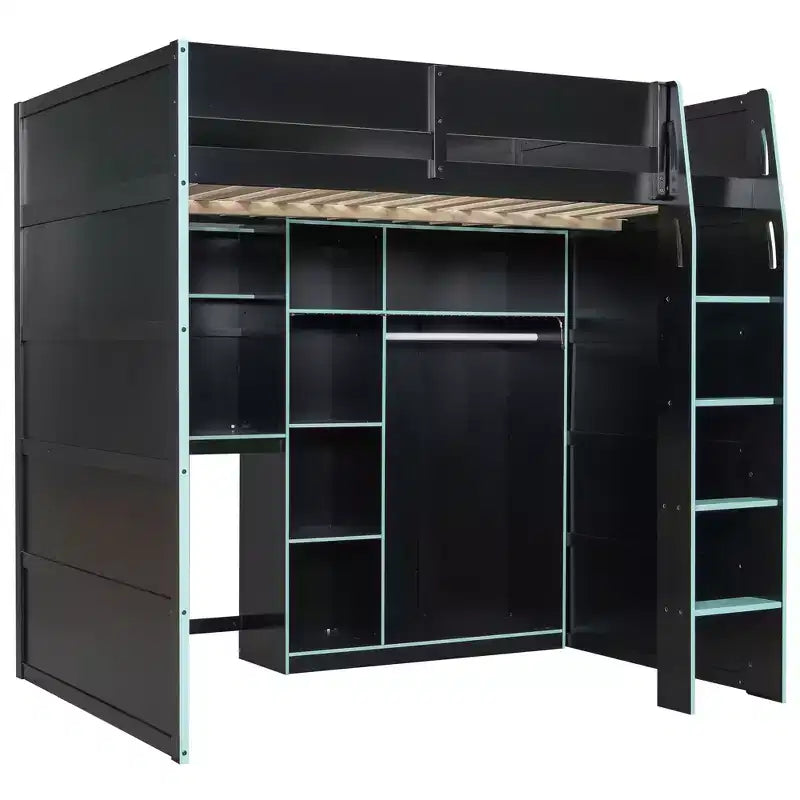 Full Size Gaming Loft Bed with Desk & RGB Lights, Full Wood Loft Bed Frame with Wardrobe and Storage Compartments