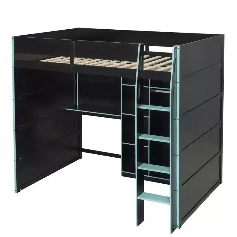 Full Size Gaming Loft Bed with Desk & RGB Lights, Full Wood Loft Bed Frame with Wardrobe and Storage Compartments