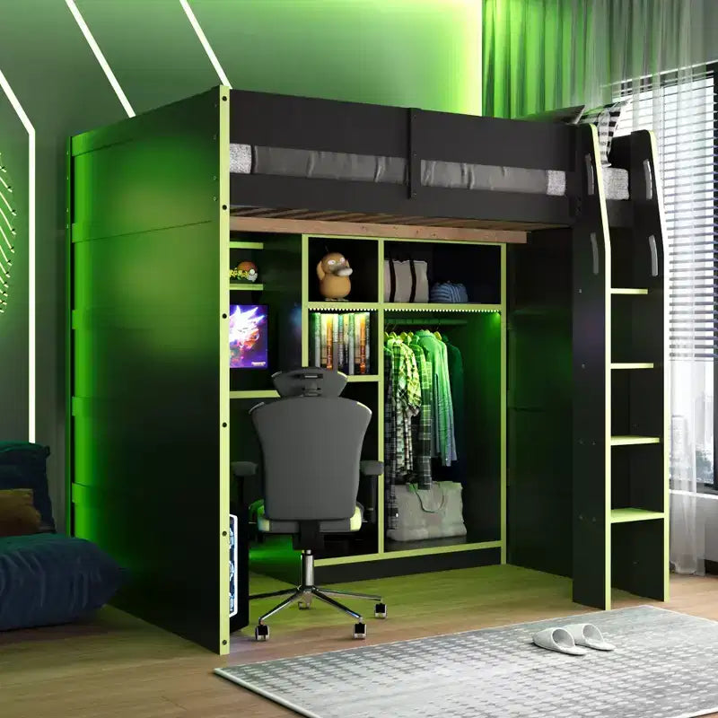Full Size Gaming Loft Bed with Desk & RGB Lights, Full Wood Loft Bed Frame with Wardrobe and Storage Compartments